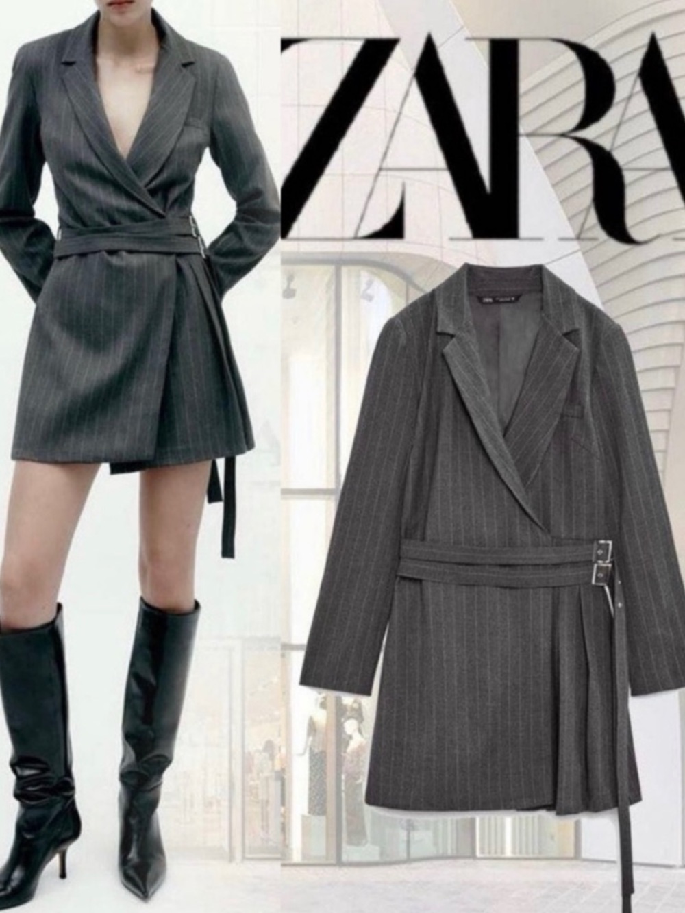ZARA 🩶 Pinstripe Belted Mini Pleated Blazer Dress